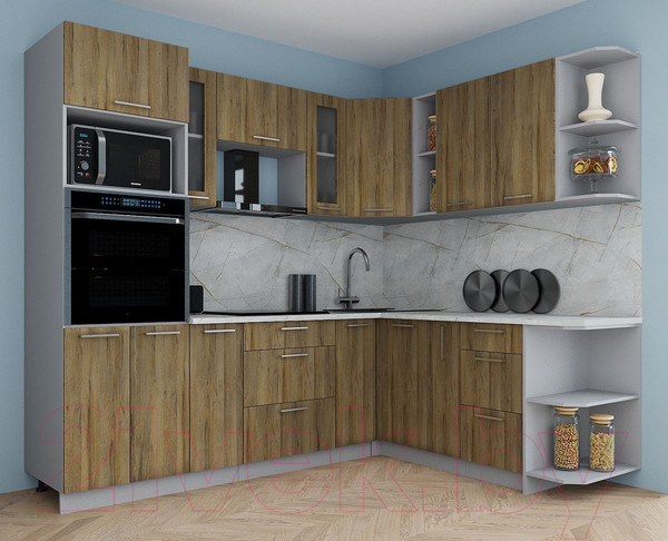 Изображение товара Кухонный гарнитур Интерлиния Мила Gloss 1.88x2.4 правая (дуб вотан/дуб вотан/травертин серый)