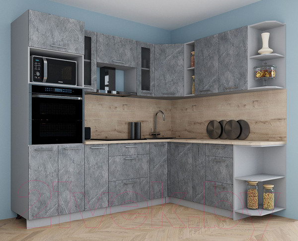 Изображение товара Кухонный гарнитур Интерлиния Мила Gloss 1.88x2.4 правая (керамика/керамика/травертин серый)
