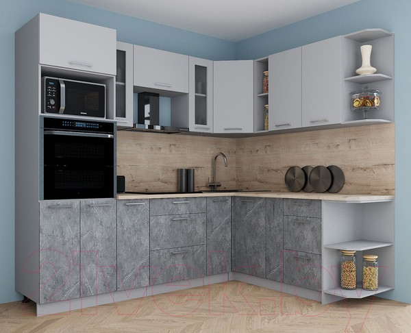 Изображение товара Кухонный гарнитур Интерлиния Мила Gloss 1.88x2.4 правая (грей/керамика/травертин серый)