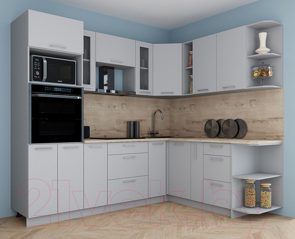 Изображение товара Кухонный гарнитур Интерлиния Мила Gloss 1.88x2.4 правая (грей/грей/травертин серый)