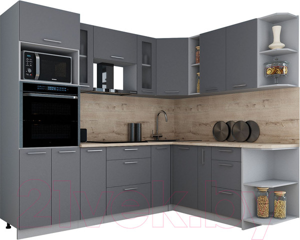 Изображение товара Кухонный гарнитур Интерлиния Мила Gloss 1.88x2.4 правая (серый/серый/травертин серый)