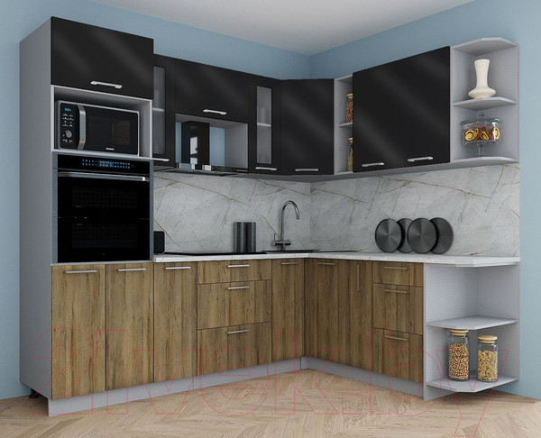 Изображение товара Кухонный гарнитур Интерлиния Мила Gloss 1.88x2.4 правая (черный глянец/дуб вотан/травертин серый)