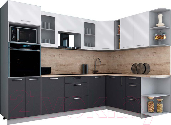 Изображение товара Кухонный гарнитур Интерлиния Мила Gloss 1.88x2.8 правая (белый глянец/пепел/травертин серый)