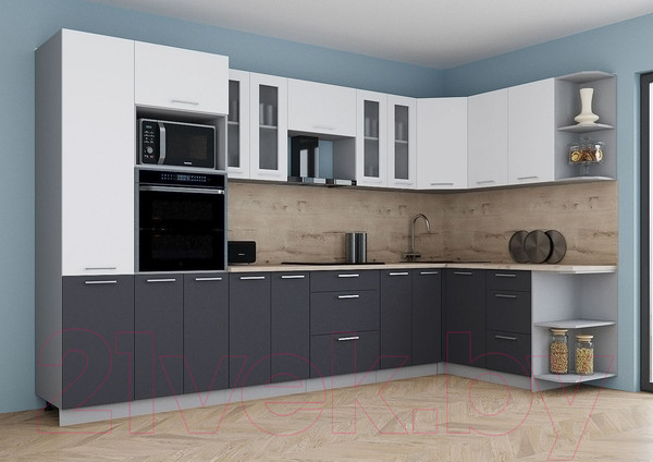 Изображение товара Кухонный гарнитур Интерлиния Мила Gloss 1.68x3.4 правая (белый/пепел/травертин серый)