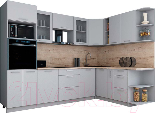 Изображение товара Кухонный гарнитур Интерлиния Мила Gloss 1.88x2.8 правая (грей/грей/травертин серый)