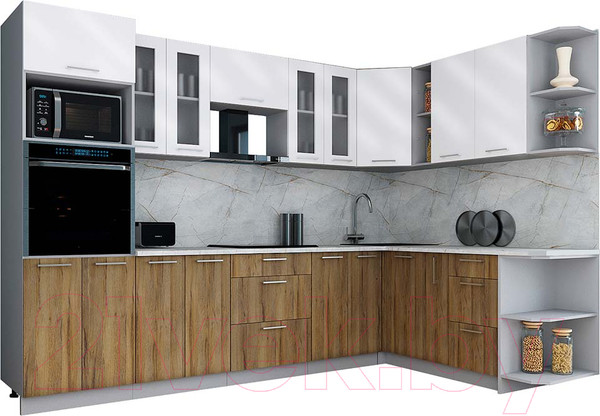 Изображение товара Кухонный гарнитур Интерлиния Мила Gloss 1.88x3.0 правая (белый глянец/дуб вотан/травертин серый)