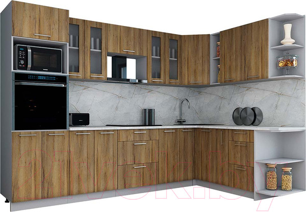 Изображение товара Кухонный гарнитур Интерлиния Мила Gloss 1.88x3.0 правая (дуб вотан/дуб вотан/травертин серый)