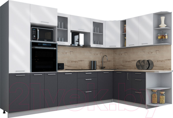 Изображение товара Кухонный гарнитур Интерлиния Мила Gloss 1.88x3.2 правая (белый глянец/пепел/травертин серый)