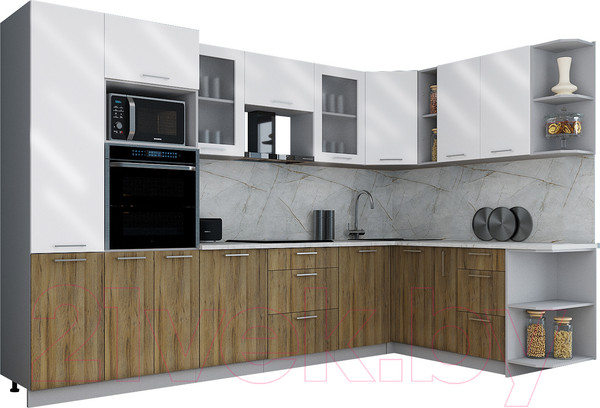 Изображение товара Кухонный гарнитур Интерлиния Мила Gloss 1.88x3.2 правая (белый глянец/дуб вотан/травертин серый)