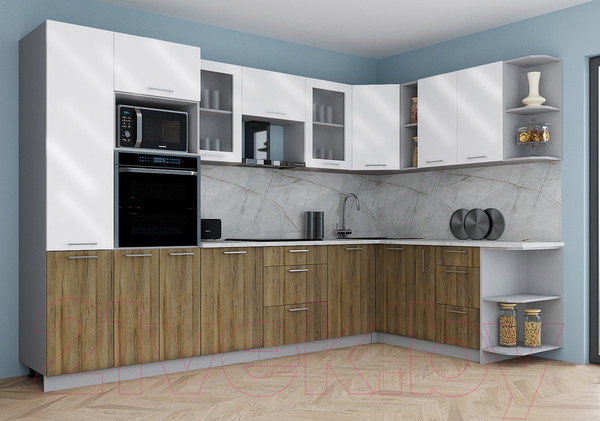 Изображение товара Кухонный гарнитур Интерлиния Мила Gloss 1.88x3.2 правая (белый глянец/дуб вотан/травертин серый)