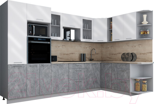 Изображение товара Кухонный гарнитур Интерлиния Мила Gloss 1.88x3.2 правая (белый глянец/керамика/травертин серый)