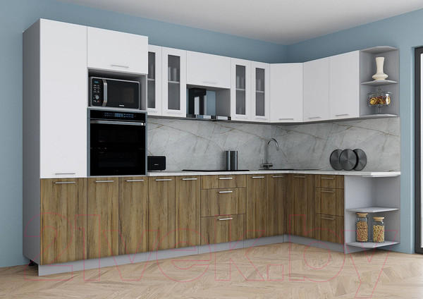 Изображение товара Кухонный гарнитур Интерлиния Мила Gloss 1.68x3.4 правая (белый/дуб вотан/травертин серый)