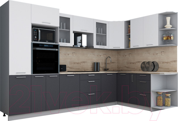 Изображение товара Кухонный гарнитур Интерлиния Мила Gloss 1.88x3.2 правая (белый/пепел/травертин серый)