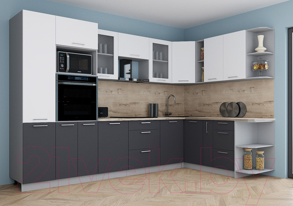Изображение товара Кухонный гарнитур Интерлиния Мила Gloss 1.88x3.2 правая (белый/пепел/травертин серый)