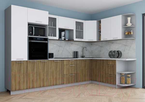 Изображение товара Кухонный гарнитур Интерлиния Мила Gloss 1.88x3.2 правая (белый/дуб вотан/травертин серый)