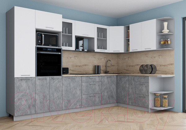 Изображение товара Кухонный гарнитур Интерлиния Мила Gloss 1.88x3.2 правая (белый/керамика/травертин серый)