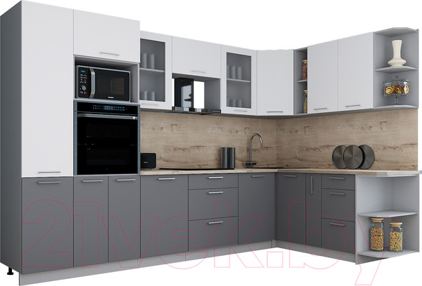 Изображение товара Кухонный гарнитур Интерлиния Мила Gloss 1.88x3.2 правая (белый/серый/травертин серый)