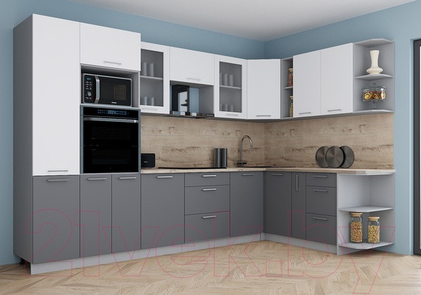Изображение товара Кухонный гарнитур Интерлиния Мила Gloss 1.88x3.2 правая (белый/серый/травертин серый)