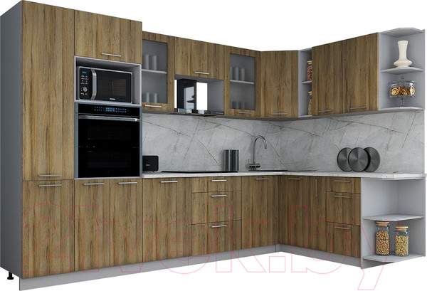 Изображение товара Кухонный гарнитур Интерлиния Мила Gloss 1.88x3.2 правая (дуб вотан/дуб вотан/травертин серый)