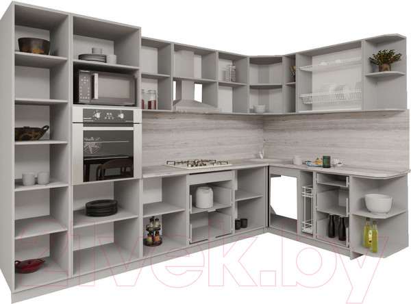 Изображение товара Кухонный гарнитур Интерлиния Мила Gloss 1.88x3.2 правая (керамика/керамика/травертин серый)