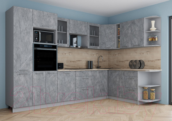 Изображение товара Кухонный гарнитур Интерлиния Мила Gloss 1.88x3.2 правая (керамика/керамика/травертин серый)