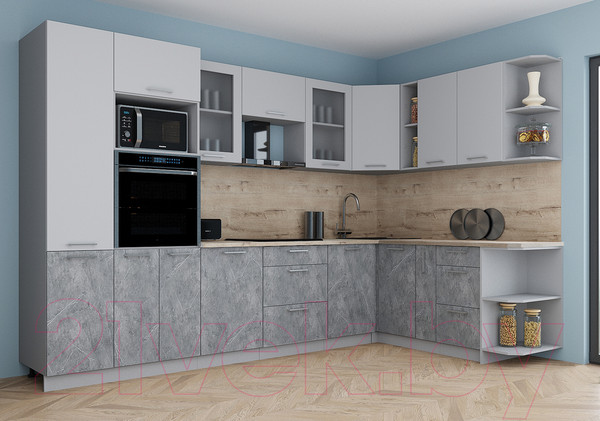 Изображение товара Кухонный гарнитур Интерлиния Мила Gloss 1.88x3.2 правая (грей/керамика/травертин серый)