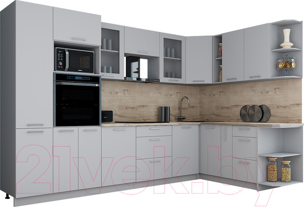 Изображение товара Кухонный гарнитур Интерлиния Мила Gloss 1.88x3.2 правая (грей/грей/травертин серый)