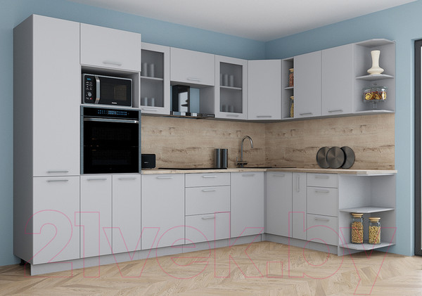 Изображение товара Кухонный гарнитур Интерлиния Мила Gloss 1.88x3.2 правая (грей/грей/травертин серый)