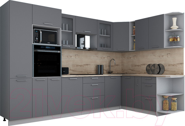 Изображение товара Кухонный гарнитур Интерлиния Мила Gloss 1.88x3.2 правая (серый/серый/травертин серый)