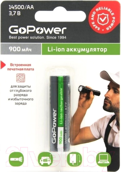 Изображение товара Аккумулятор GoPower 14500 Li-ion AA 3.7В 900мАч / 00-00018357