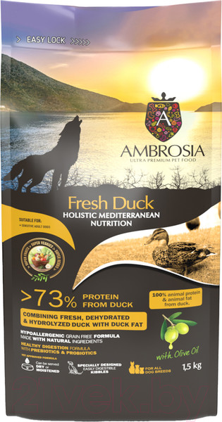 Изображение товара Сухой корм для собак Ambrosia Mediterranean для взрослых собак свежая утка / U/AHD1.5 (1.5кг)