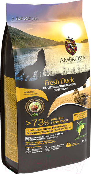 Изображение товара Сухой корм для собак Ambrosia Mediterranean для взрослых собак свежая утка / U/AHD1.5 (1.5кг)