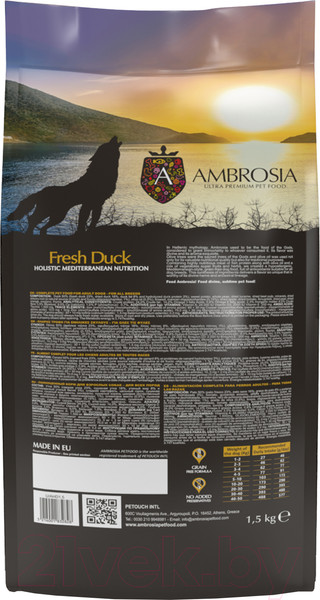 Изображение товара Сухой корм для собак Ambrosia Mediterranean для взрослых собак свежая утка / U/AHD1.5 (1.5кг)