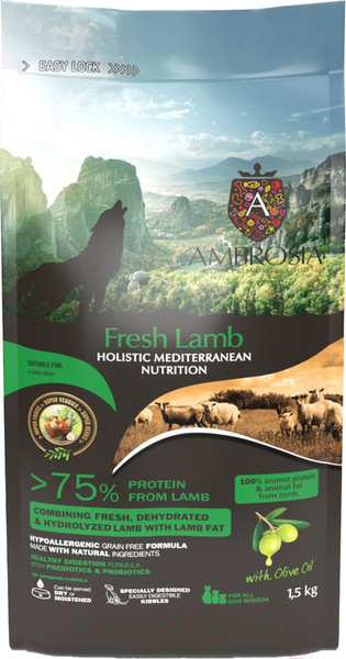 Изображение товара Сухой корм для собак Ambrosia Mediterranean для взрослых собак ягненок / U/AHL1.5 (1.5кг)