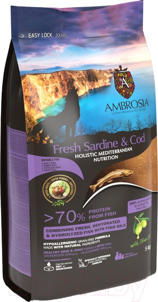 Изображение товара Сухой корм для собак Ambrosia Mediterranean д/взр. собак с ожирен. сардина и треска / U/AHSC5 (5кг)