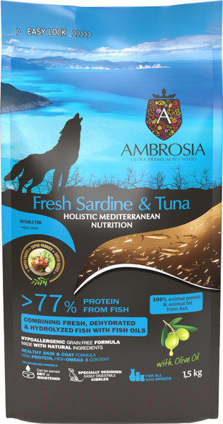 Изображение товара Сухой корм для собак Ambrosia Mediterranean для взрослых собак сардина и тунец / U/AHST1.5 (1.5кг)
