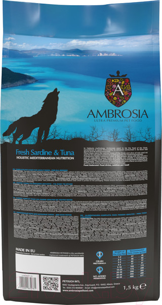 Изображение товара Сухой корм для собак Ambrosia Mediterranean для взрослых собак сардина и тунец / U/AHST1.5 (1.5кг)