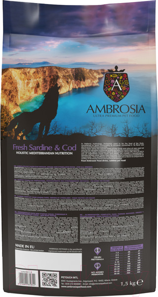 Изображение товара Сухой корм для собак Ambrosia Mediterranean д/взр. собак с ожир. сардина и треска / U/AHSC1.5 (1.5кг)