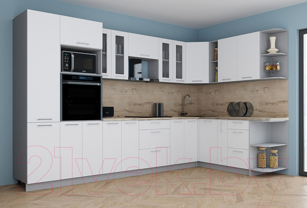 Изображение товара Кухонный гарнитур Интерлиния Мила Gloss 1.88x3.4 правая (белый/белый/травертин серый)