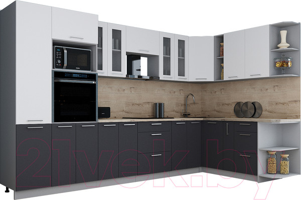 Изображение товара Кухонный гарнитур Интерлиния Мила Gloss 1.88x3.4 правая (белый/пепел/травертин серый)