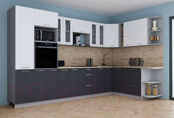 Изображение товара Кухонный гарнитур Интерлиния Мила Gloss 1.88x3.4 правая (белый/пепел/травертин серый)