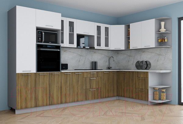 Изображение товара Кухонный гарнитур Интерлиния Мила Gloss 1.88x3.4 правая (белый/дуб вотан/травертин серый)