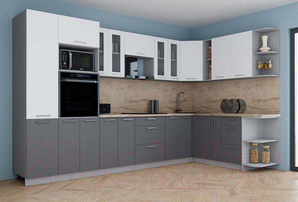 Изображение товара Кухонный гарнитур Интерлиния Мила Gloss 1.88x3.4 правая (белый/серый/травертин серый)
