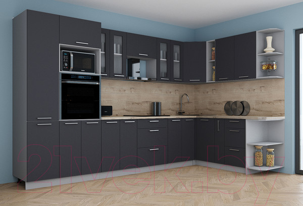 Изображение товара Кухонный гарнитур Интерлиния Мила Gloss 1.88x3.4 правая (пепел/пепел/травертин серый)