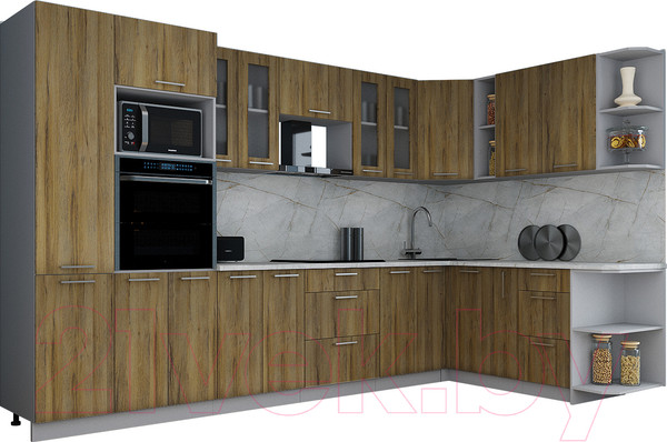 Изображение товара Кухонный гарнитур Интерлиния Мила Gloss 1.88x3.4 правая (дуб вотан/дуб вотан/травертин серый)