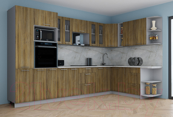 Изображение товара Кухонный гарнитур Интерлиния Мила Gloss 1.88x3.4 правая (дуб вотан/дуб вотан/травертин серый)