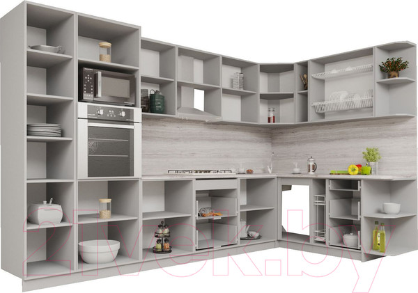 Изображение товара Кухонный гарнитур Интерлиния Мила Gloss 1.88x3.4 правая (грей/керамика/травертин серый)