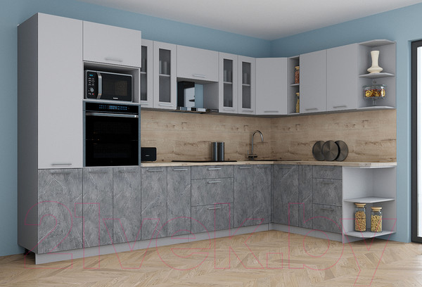 Изображение товара Кухонный гарнитур Интерлиния Мила Gloss 1.88x3.4 правая (грей/керамика/травертин серый)