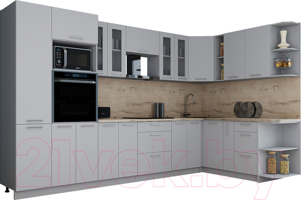 Изображение товара Кухонный гарнитур Интерлиния Мила Gloss 1.88x3.4 правая (грей/грей/травертин серый)