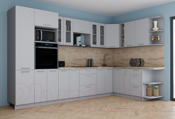 Изображение товара Кухонный гарнитур Интерлиния Мила Gloss 1.88x3.4 правая (грей/грей/травертин серый)